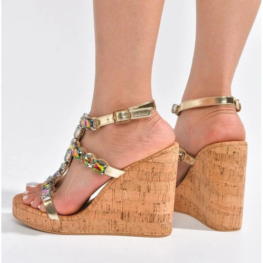 NIB Summer Time Colorful Jeweled Cork Wedge High Heel Sandals